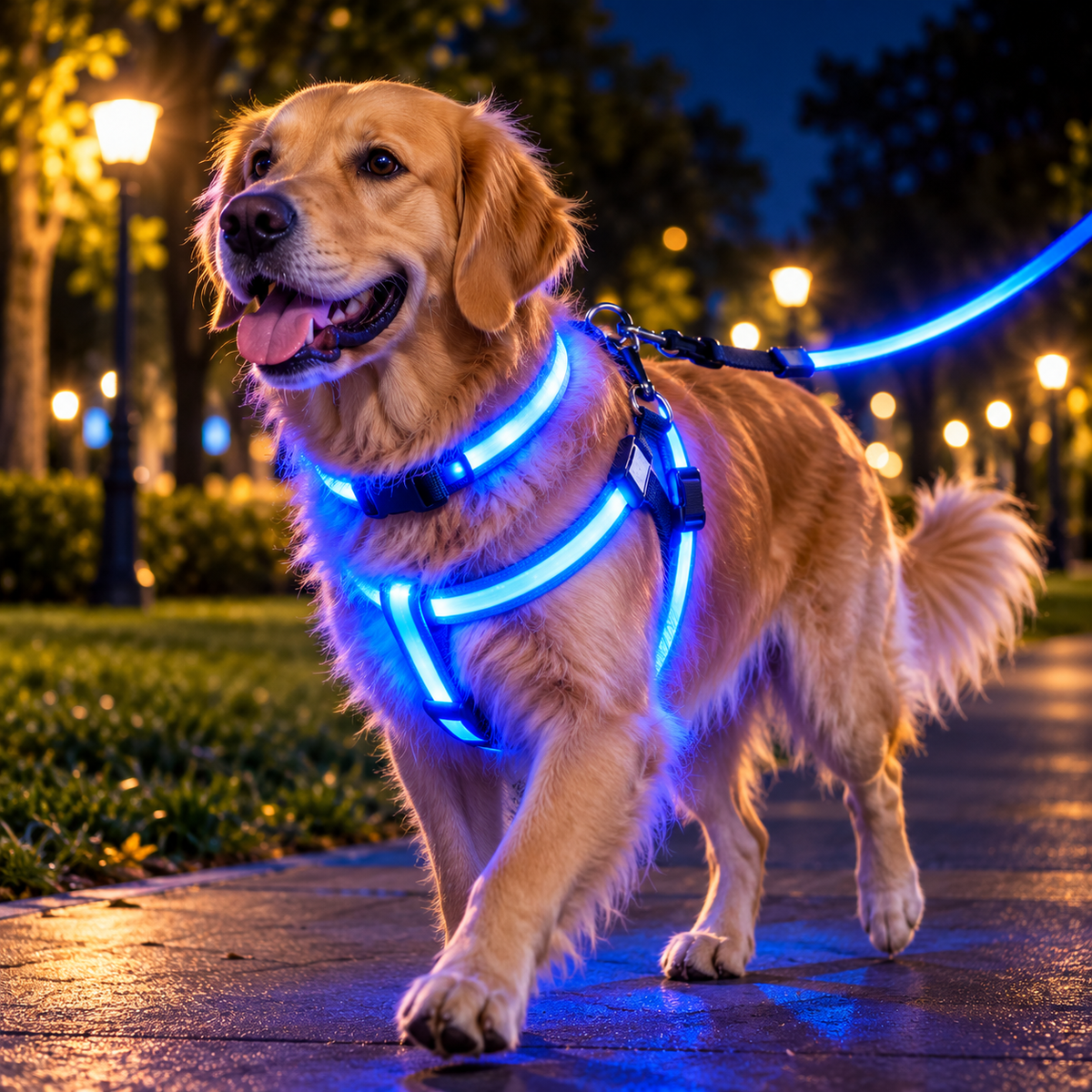 Golden retriever wearing a blue glowing harness at night